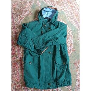 Vintage French Country Express M Hunter Green Barn Work Jacket Long Leather Trim